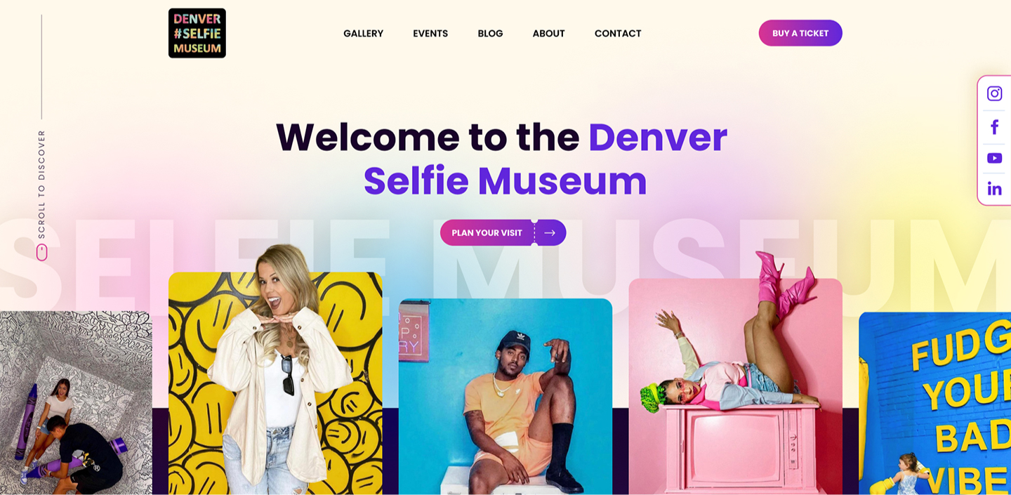 a screenshot of Denver Selfie Museum's website showing the above-the-fold view of the homepage