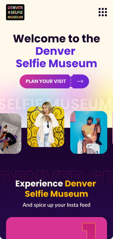 a screenshot of Denver Selfie Museum's website showing the above-the-fold view of the homepage on a mobile screen