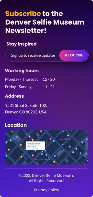 a screenshot of Denver Selfie Museum's website showing contact details on a mobile screen
