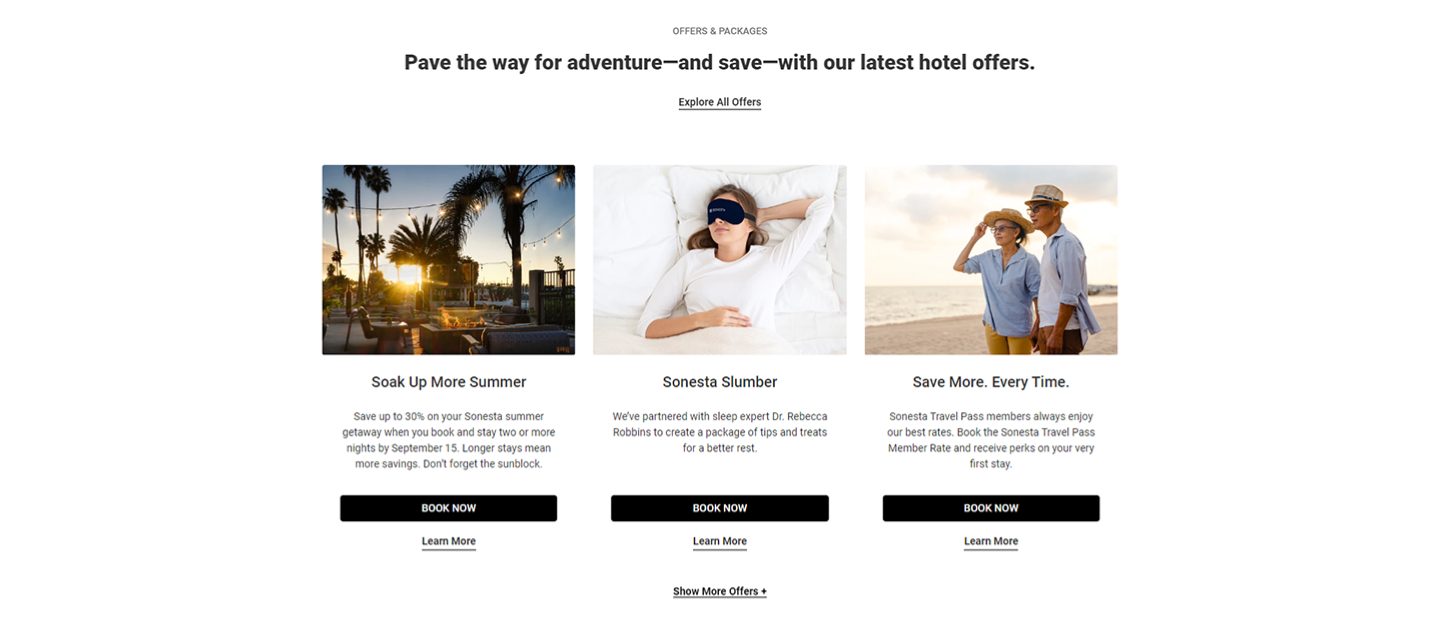 A screenshot of Sonesta Hotels' homepage deals