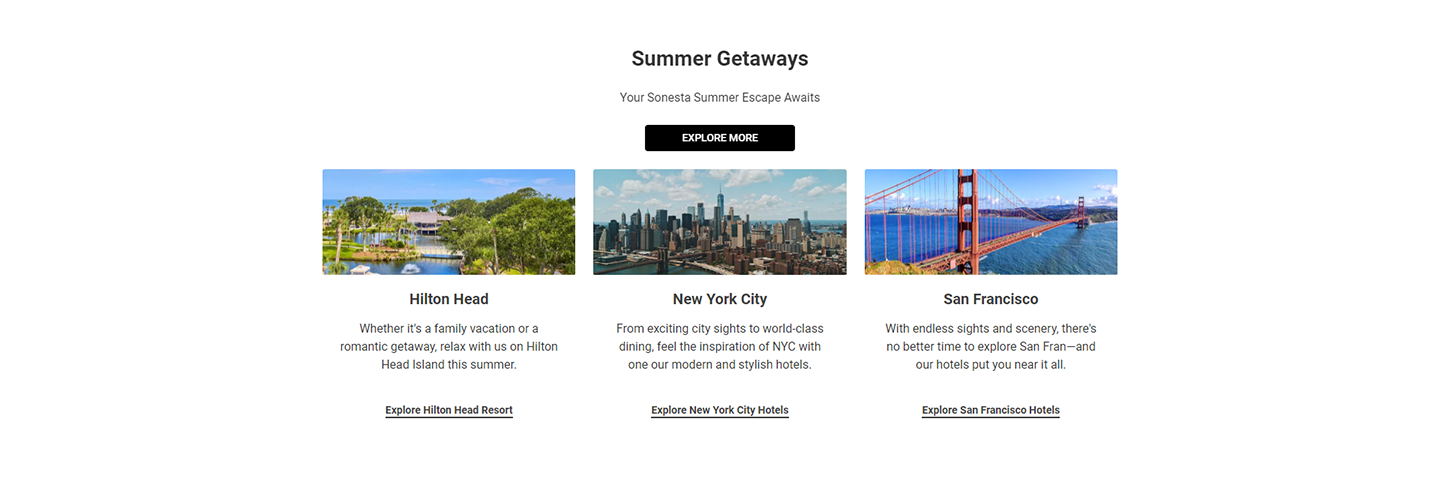 A screenshot of Sonesta Hotels' homepage hotel options