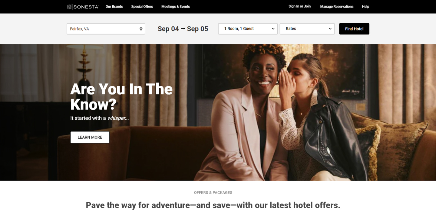 A screenshot of Sonesta Hotels' homepage