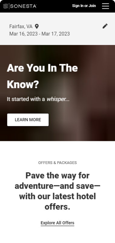 A screenshot of Sonesta Hotels' homepage in mobile view
