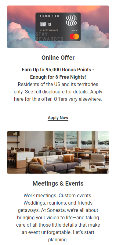 A screenshot of Sonesta Hotels' homepage deals section in mobile view