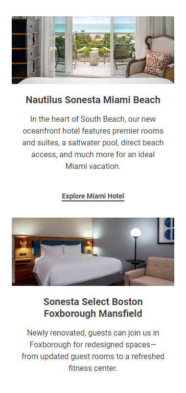 A screenshot of Sonesta Hotels' homepage hotels section in mobile view