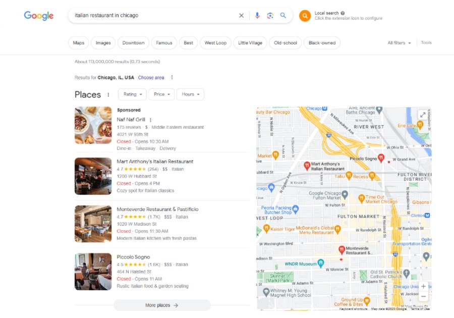 Google results for “italian restaurant in chicago” in Chicago, IL, June 2023