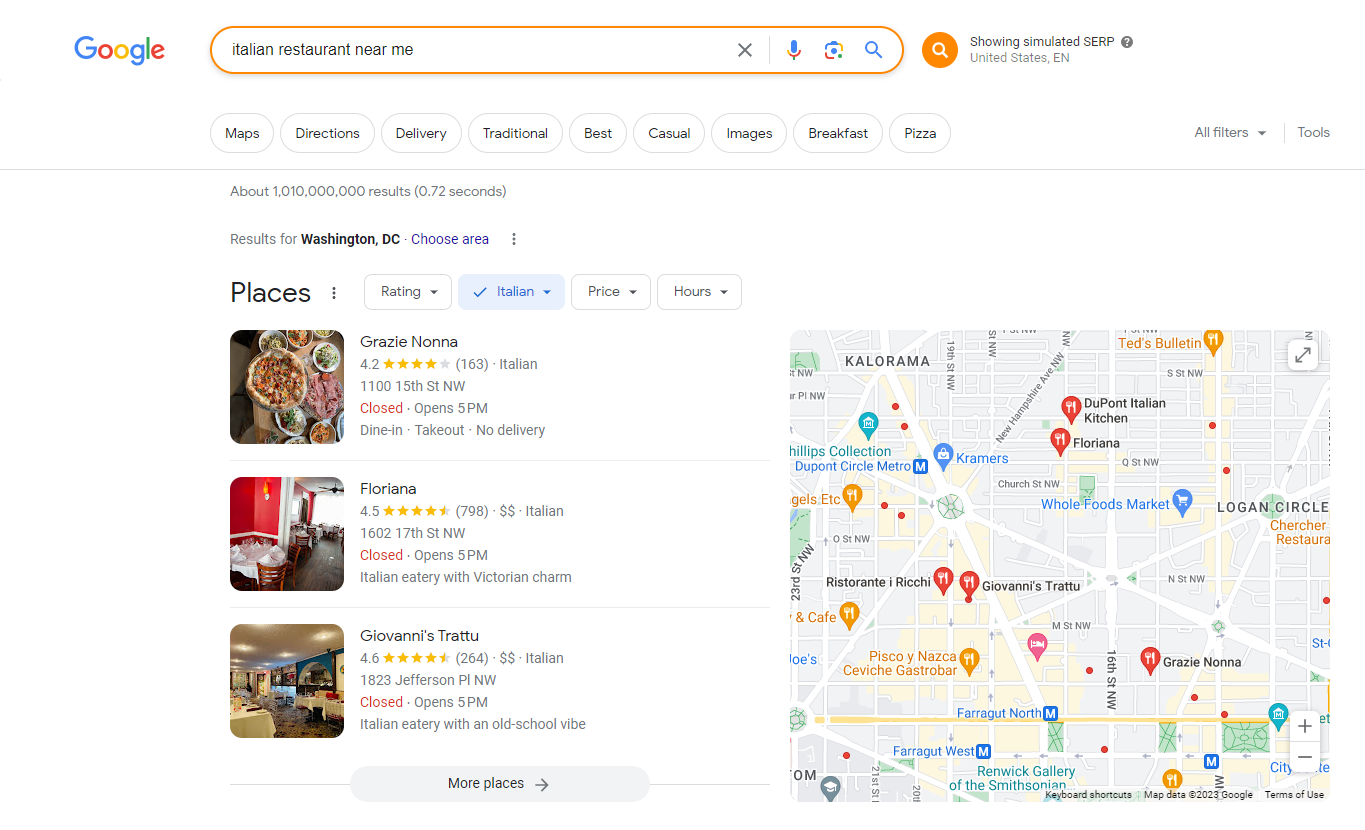 a screenshot of Google results for “italian restaurant near me” in Washington DC, June 2023 