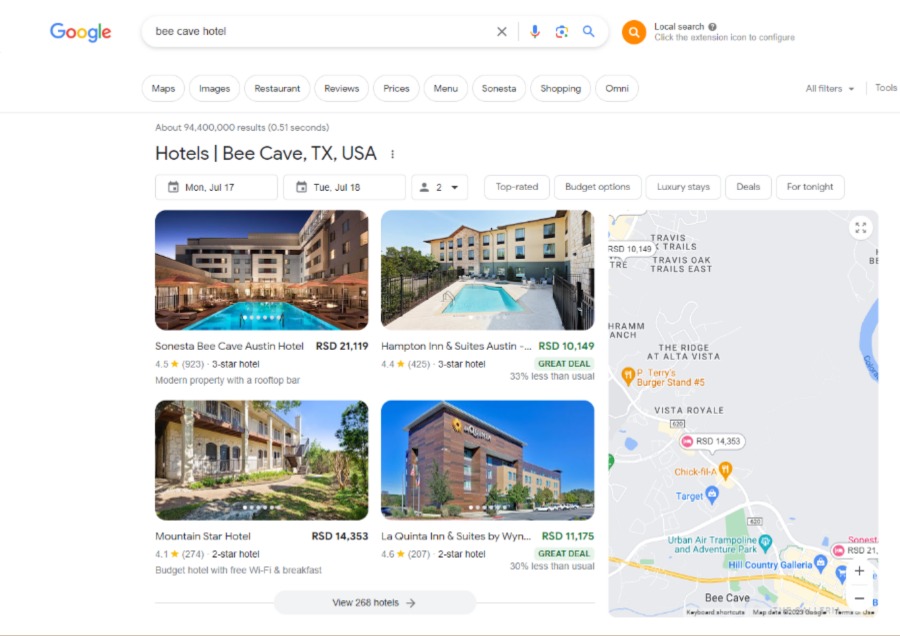 example of local pack results for “bee cave hotel” keyword search