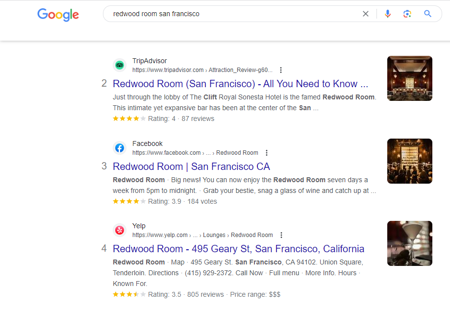 A screenshot of results for "redwood room san francisco" prominently displaying reviews