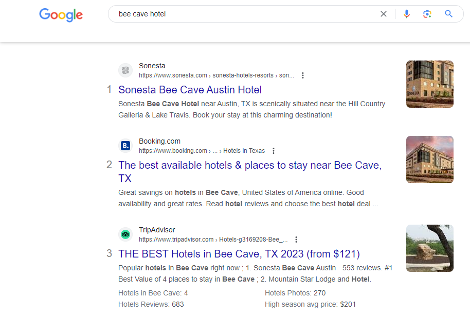 SERP results for “bee cave hotel” where our client Sonesta occupies the #1 position in July 2023