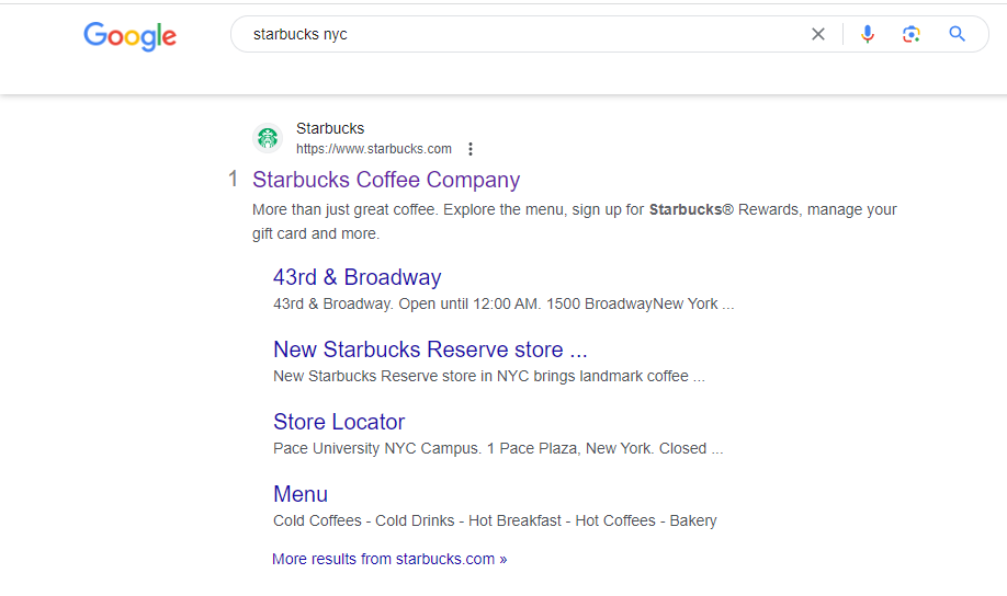 "starbucks nyc" SERP results screenshot