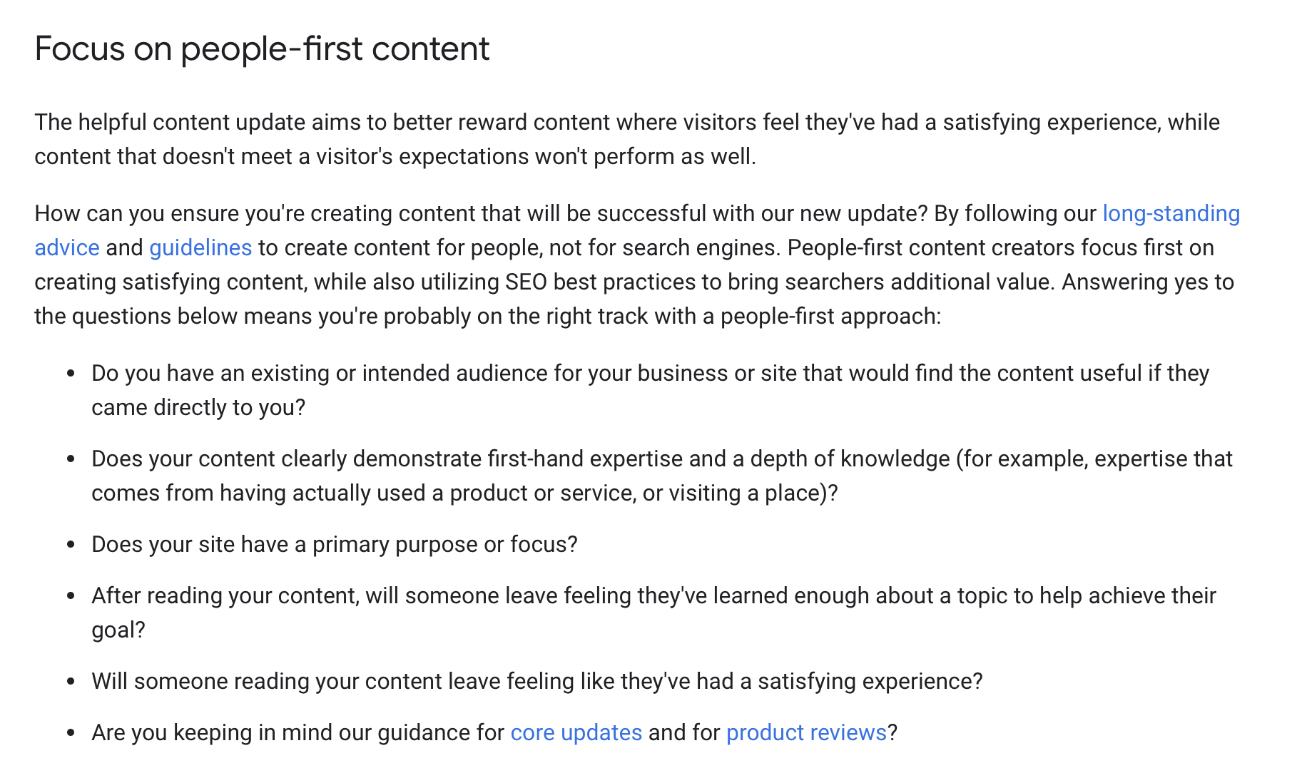 Screenshot of Google's Helpful Content Update text