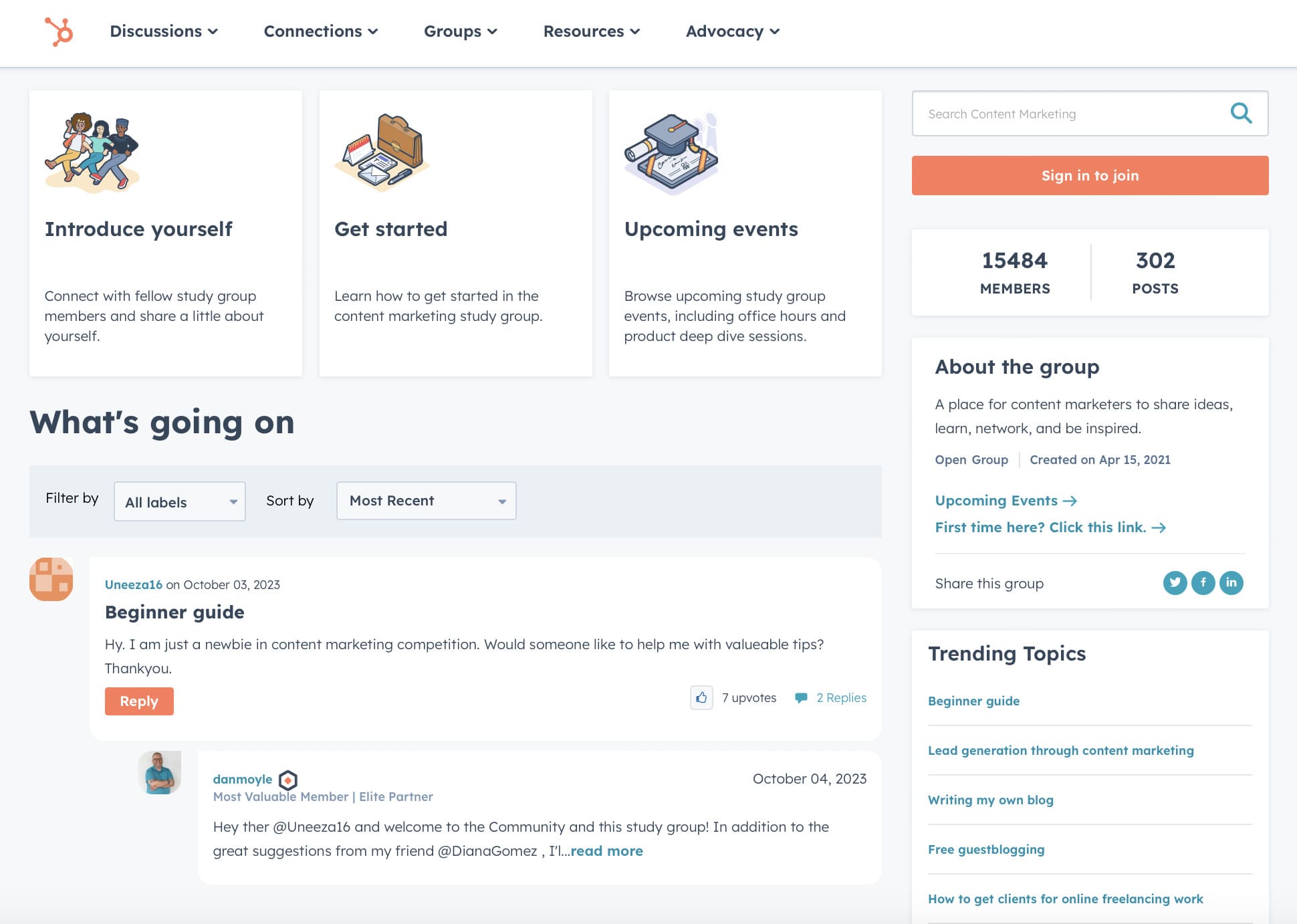 screenshot of HubSpot's community forum