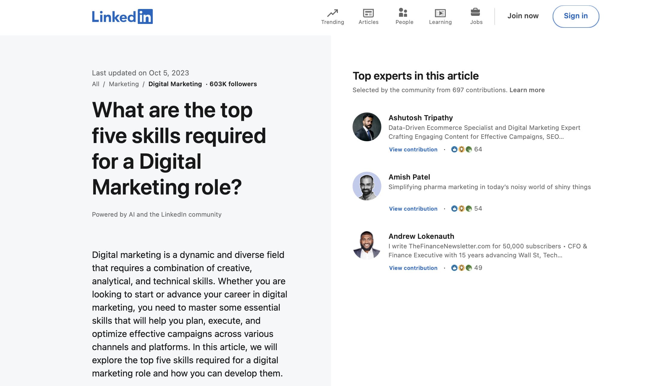 screenshot of a LinkedIn collaborative article