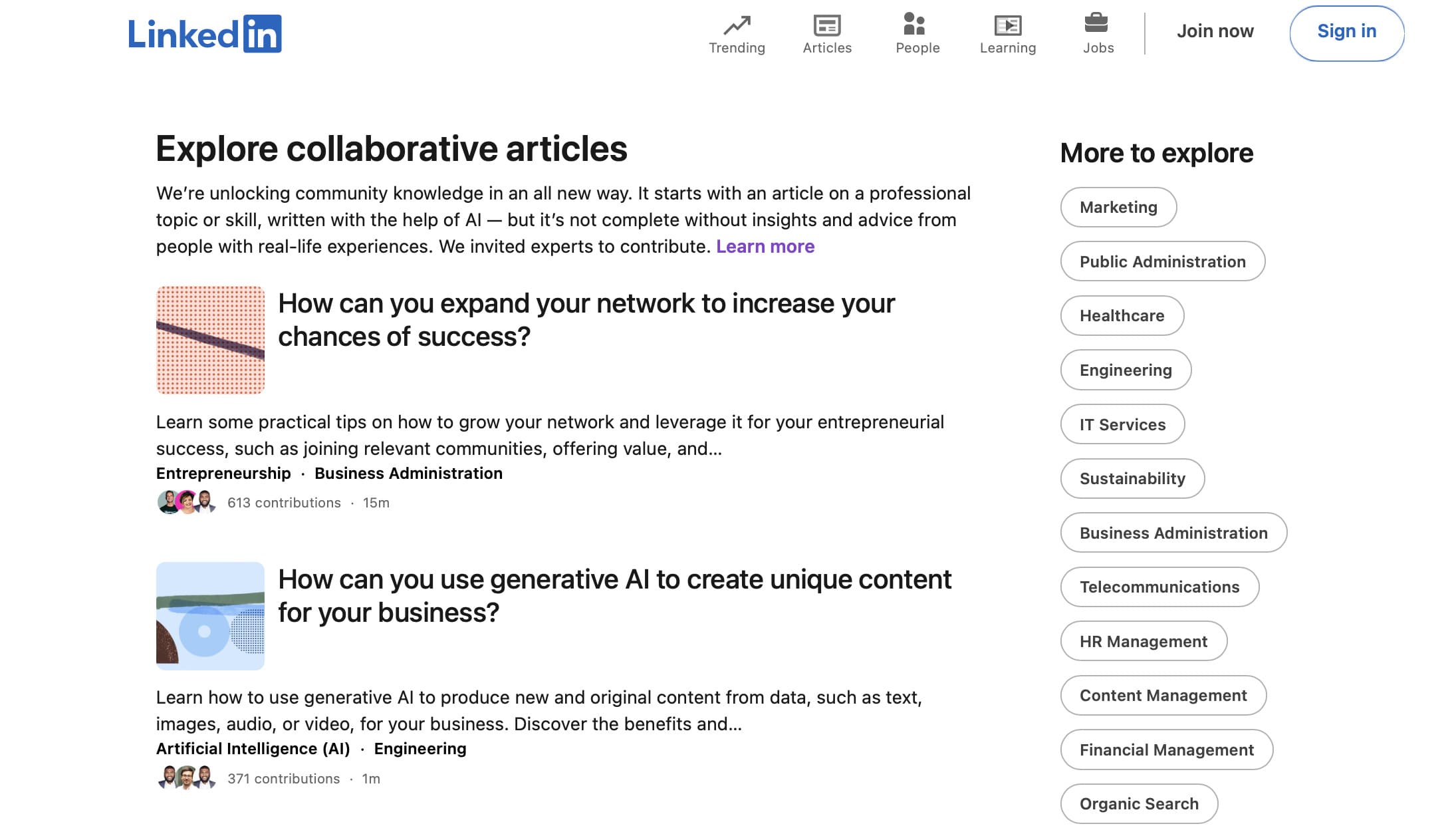 screenshot of the blog homepage for LinkedIn's collaborative articles