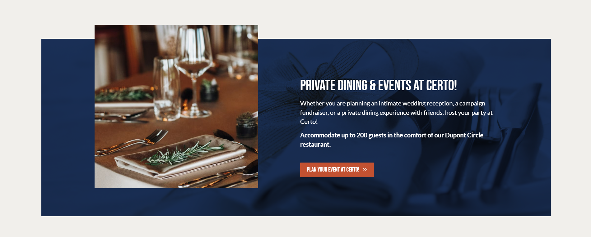 An example of a new website module introduced to Certo's restaurant website