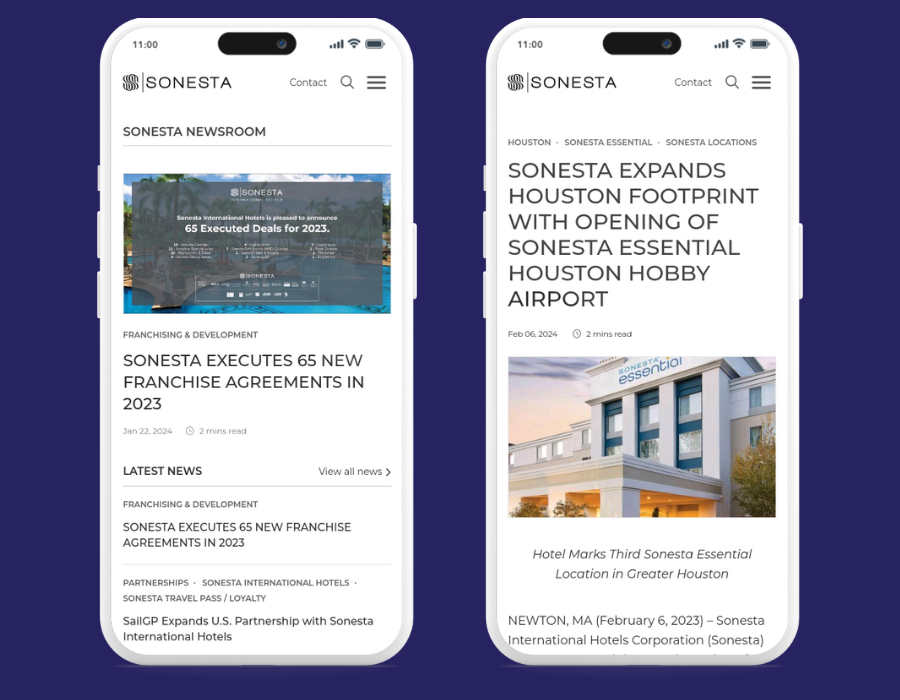 Mobile view of Sonesta Newsroom redesigned website