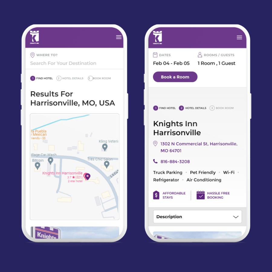 Knights Inn mobile-friendly designs of search results and hotel pages