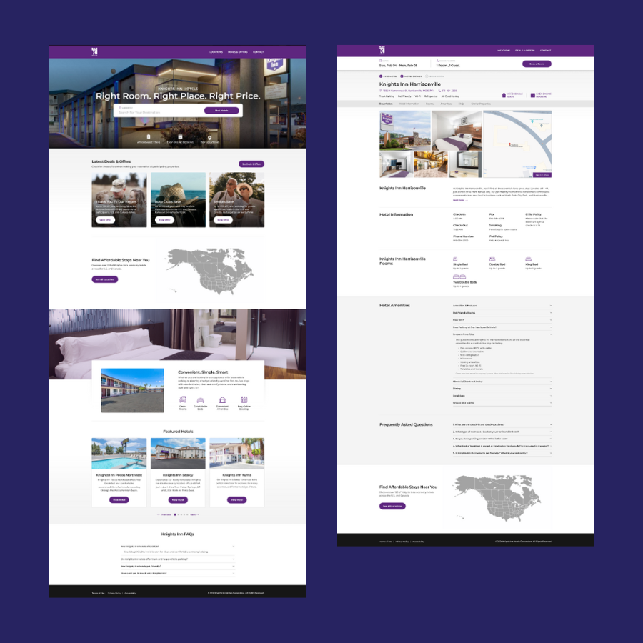Knights Inn website homepage and hotel page designs