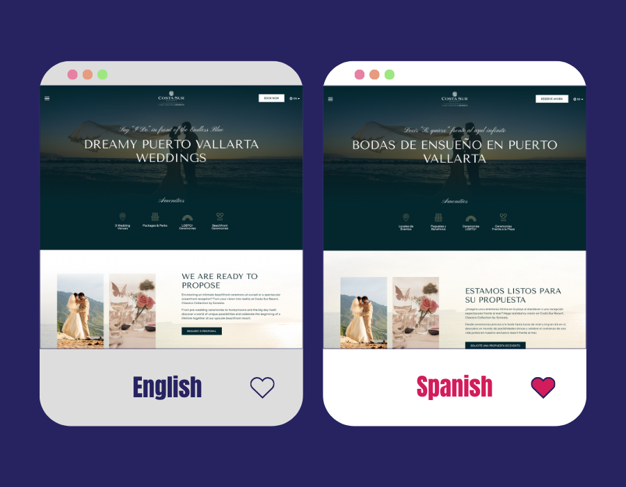 A graphic displaying the English version of the website with the Spanish version of the website. The left side is in English, showing the text "Dreamy Puerto Vallarta Weddings" and "We are ready to propose." The right side is in Spanish, showing the text "Bodas de ensueño en Puerto Vallarta" and "Estamos listos para su propuesta.